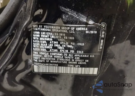 2019 Volkswagen Atlas 3.6L V6 Se W/Technology из США, поврежденный, VIN 1V2WR2CA0KC567793